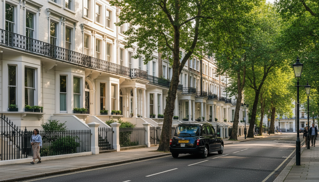 Traditional white Victorian townhouses lining a quiet street in Kensington
