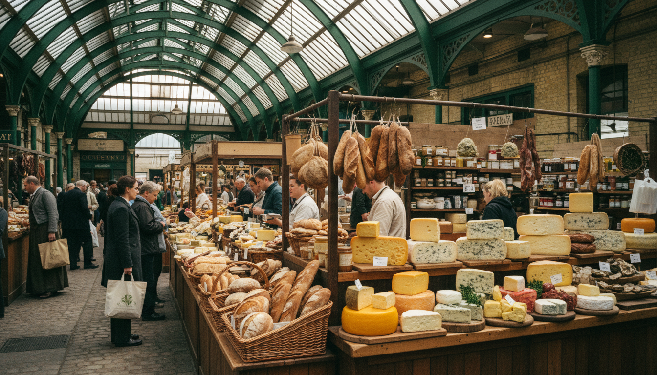 Vibrant food stalls offering British gastronomy at a local London market