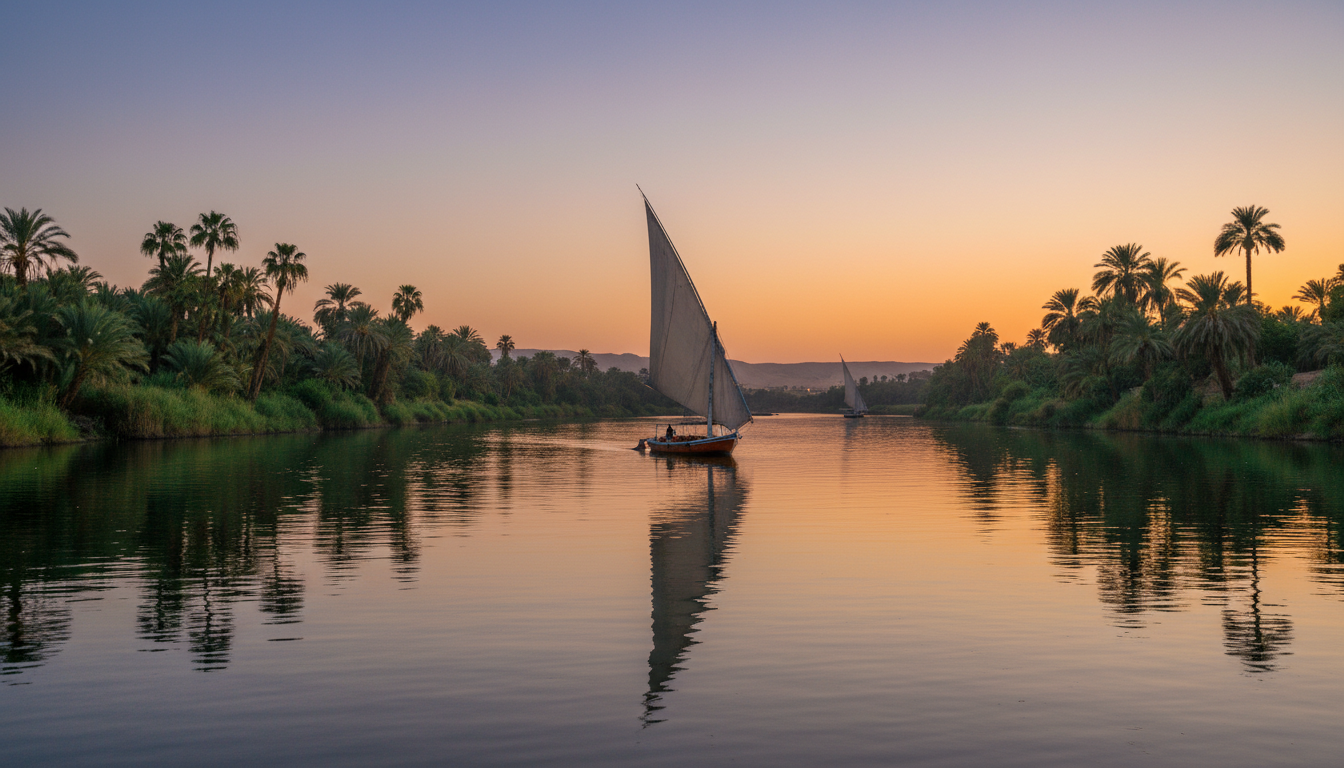 Traditional felucca sailing on the Nile river at sunset