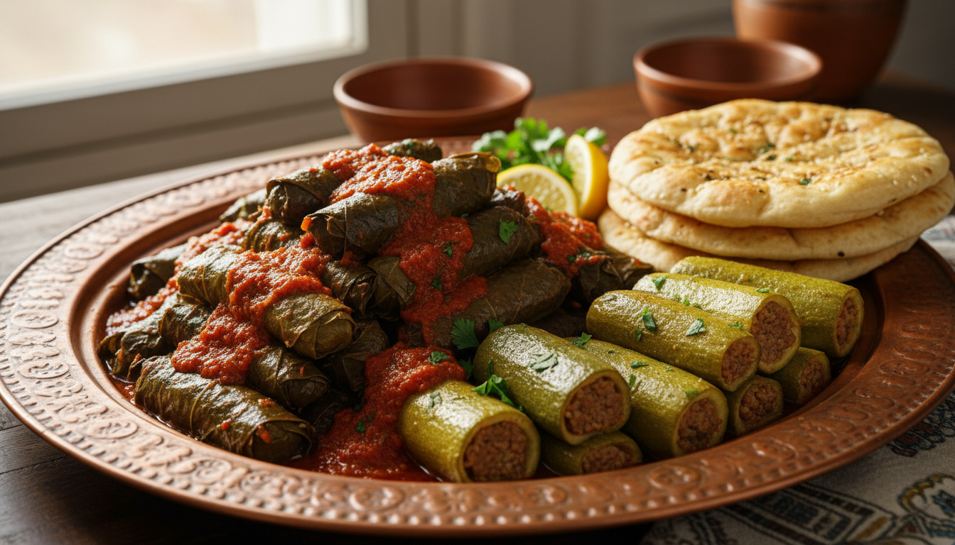 Colorful Mahshi and fresh flatbread representing authentic traditional Egyptian food.