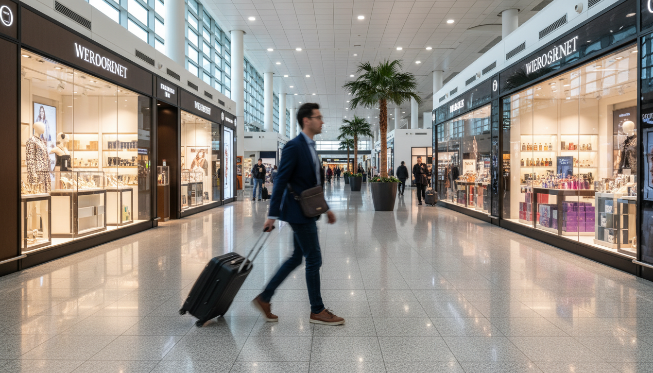 Passenger walking through terminal with rolling suitcase exploring things to do at the airport
