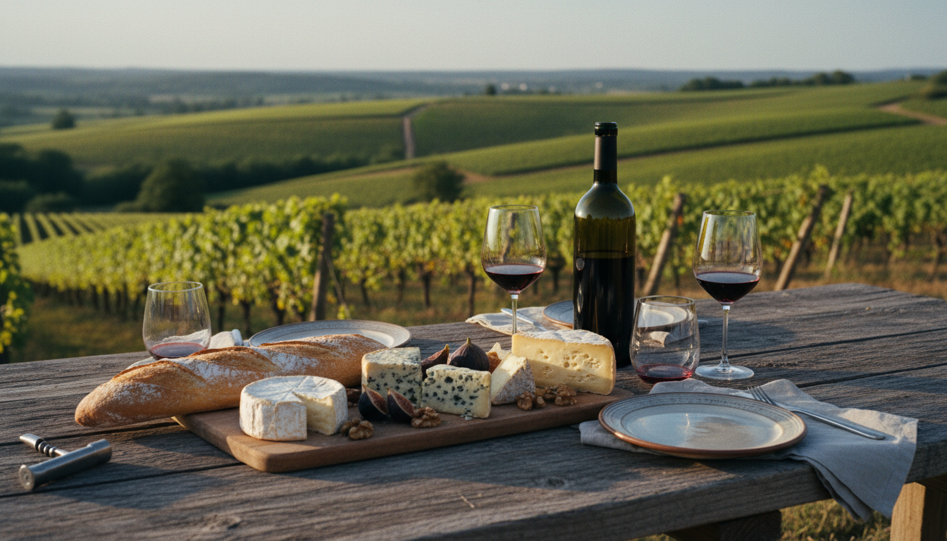 A rustic al fresco dinner featuring French bread, cheese, and red wine overlooking a vineyard