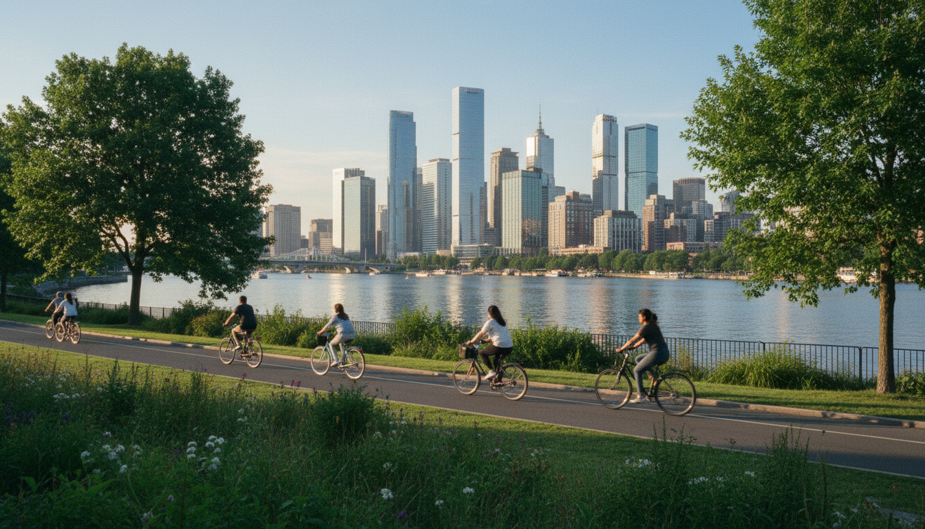 Lush green park view of the modern Toronto city skyline across the water