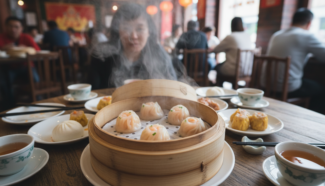 Freshly steamed traditional dim sum in a bamboo basket at a local restaurant