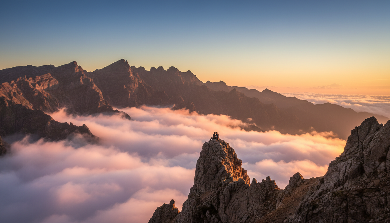 Couples watching a breathtaking sunrise above the clouds during a Madeira Island romantic escape at Pico do Arieiro
