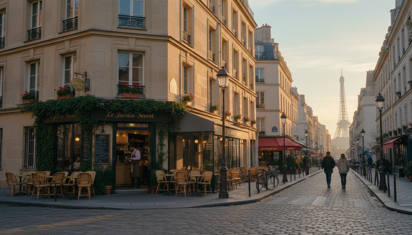 A sunny morning on a picturesque cobblestone street during one week in Paris