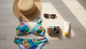 Top-down view of a complete beach holiday packing list featuring a hat, sunglasses, swimsuit, and sunscreen on a wooden floor