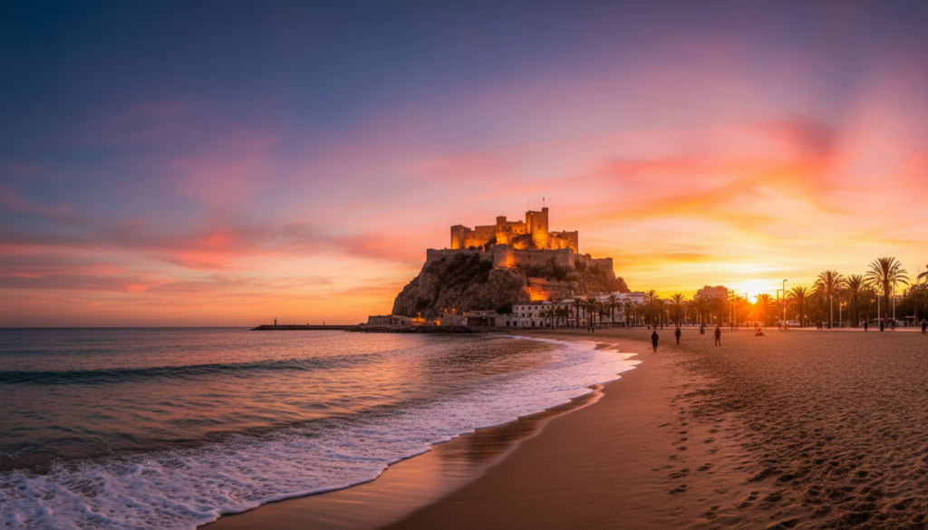 Panoramic view of the Alicante coastline and Santa Bárbara Castle at sunset