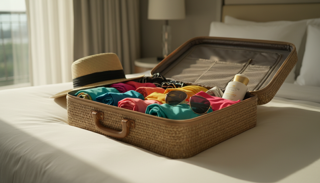 A beautifully packed suitcase with colorful swimwear and summer accessories prepared for a tropical beach vacation.
