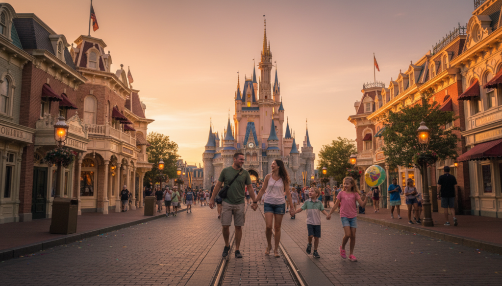 A happy family walking down Main Street USA towards the castle, enjoying their Disney vacation packages.