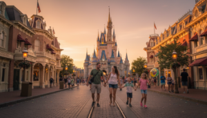 A happy family walking down Main Street USA towards the castle, enjoying their Disney vacation packages.