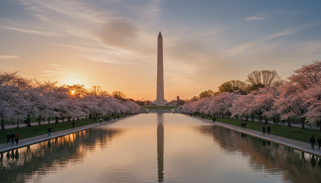 Washington DC tourist attractions featuring the Washington Monument at sunset