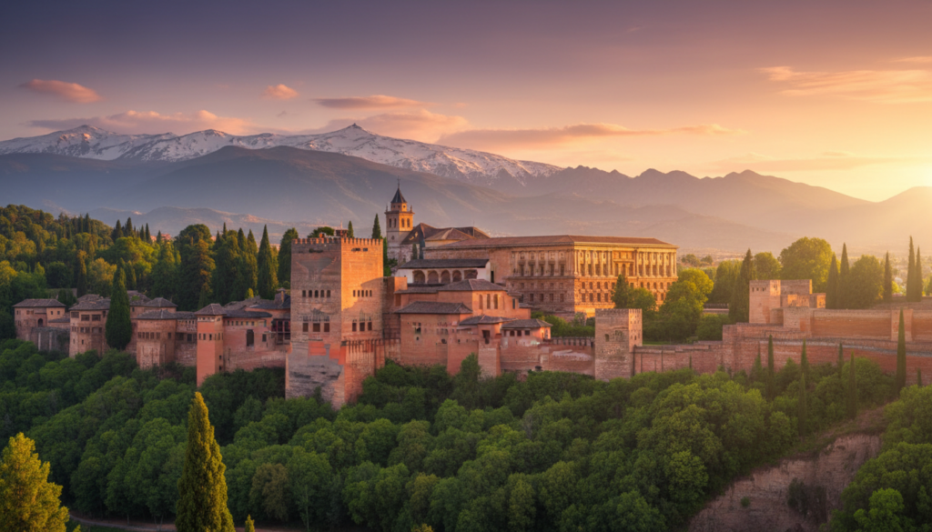 Stunning sunset view of the Alhambra in Granada, highlighting the best attractions in Spain