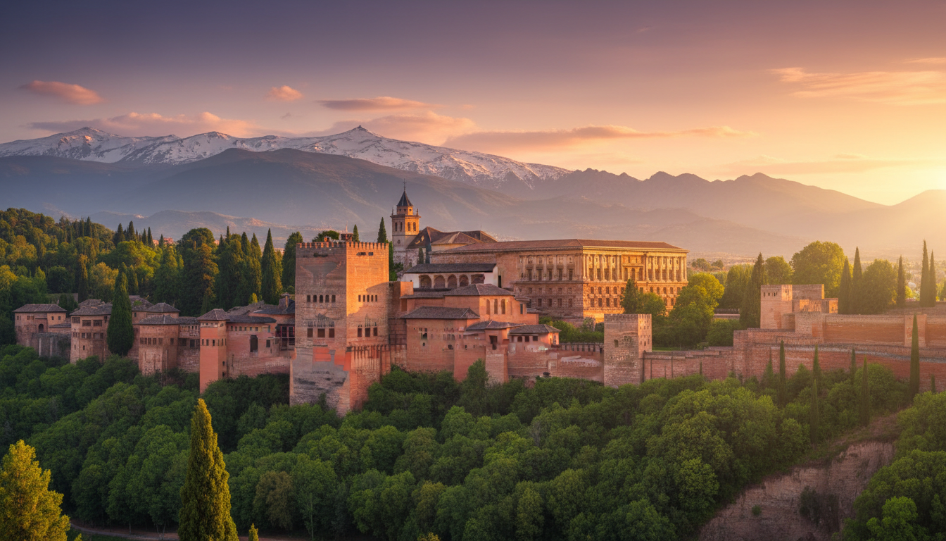 Stunning sunset view of the Alhambra in Granada, highlighting the best attractions in Spain