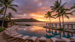 Panoramic oceanfront view of the luxurious pool at Melia Hotels Hawaii during a vibrant sunset