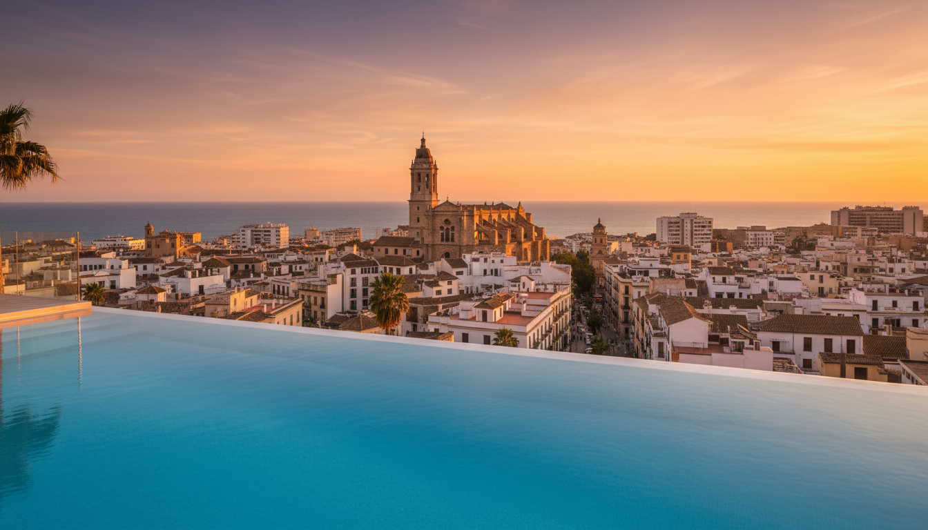Panoramic sunset view from one of the best hotels in Malaga showing the Mediterranean Sea and cathedral