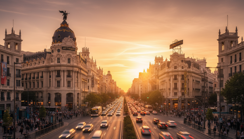 Panoramic view of Madrid's Gran Via street at sunset
