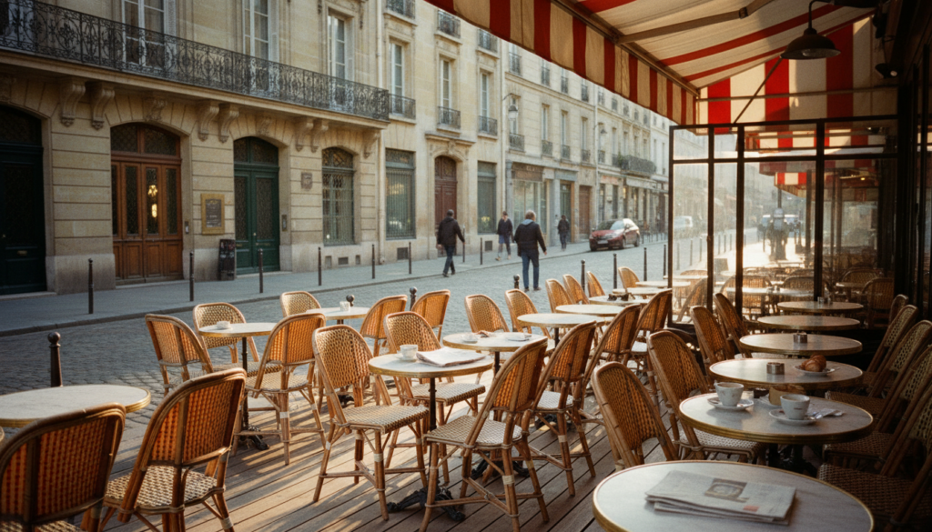 A classic Parisian sidewalk cafe in the morning light perfectly capturing the start of a 7 days in Paris itinerary