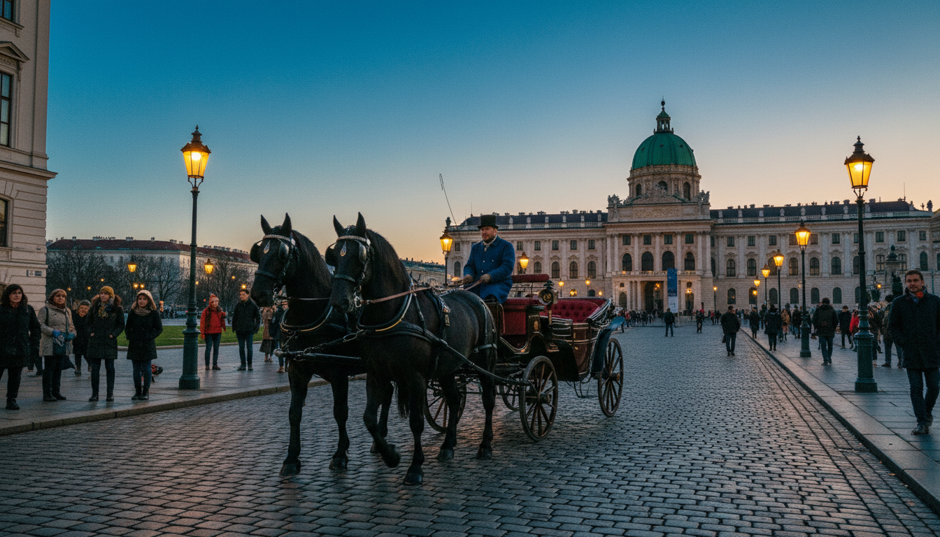 Horse-drawn carriage in front of Hofburg Palace at twilight as part of a romantic Vienna itinerary