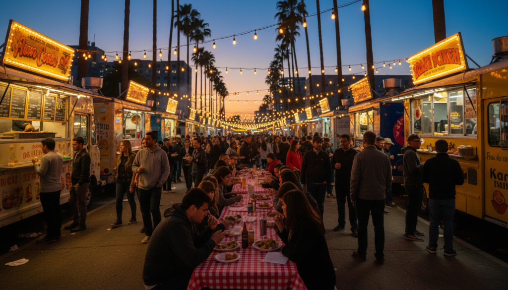 A bustling Los Angeles street food night market featuring various cheap eats in LA