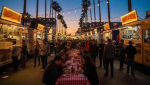 A bustling Los Angeles street food night market featuring various cheap eats in LA