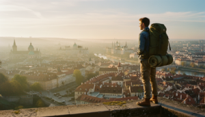 Solo traveler looking over a beautiful European city at sunrise applying solo travel tips