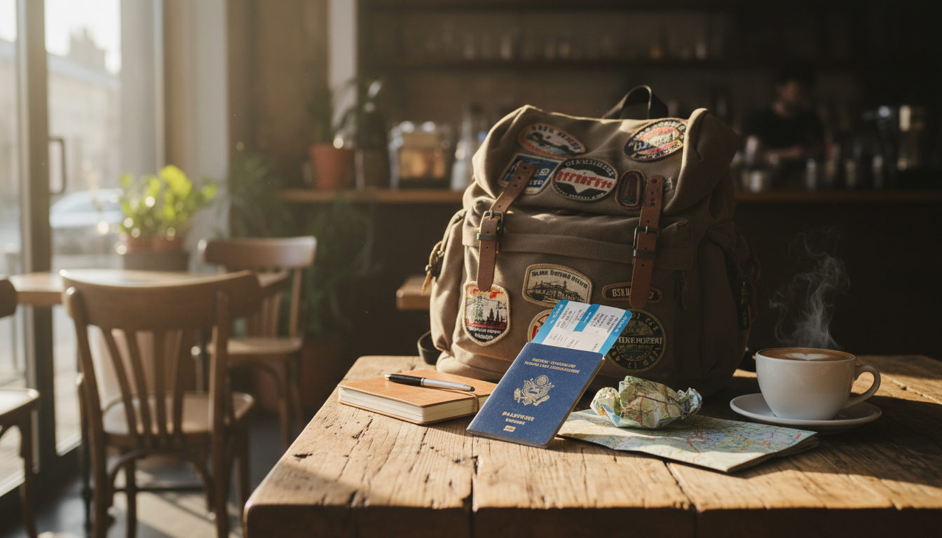 Travel documents and a backpack on a cafe table representing a travel insurance guide setup.