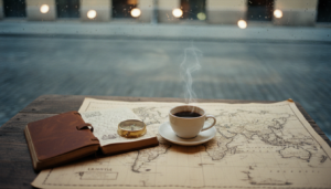 A travel planning guide setup featuring a map, compass, and journal on a wooden cafe table