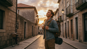 A confident traveler exploring a beautiful cobblestone street, showing how to overcome travel anxiety