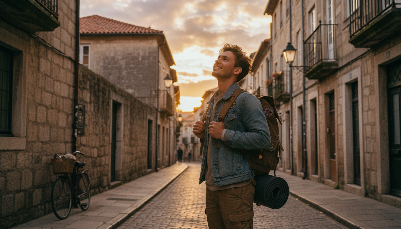 A confident traveler exploring a beautiful cobblestone street, showing how to overcome travel anxiety
