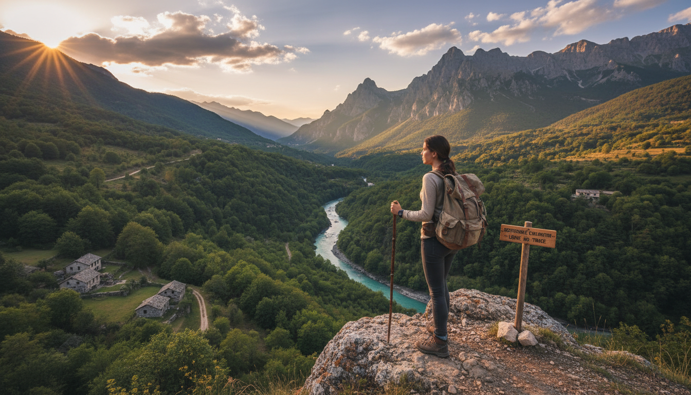 Solo backpacker looking over a beautiful valley representing sustainable travel