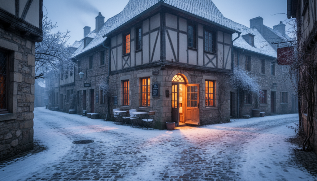 A peaceful European street in winter showcasing the beauty of off-season travel