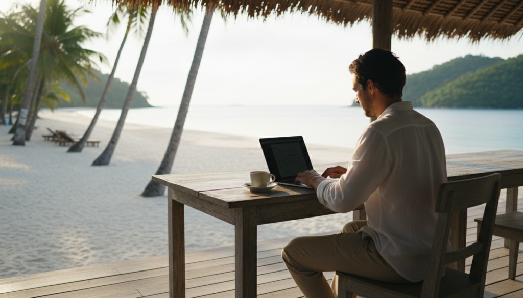 A professional fully embracing the digital nomad lifestyle while working remotely from a beautiful tropical beach cafe.