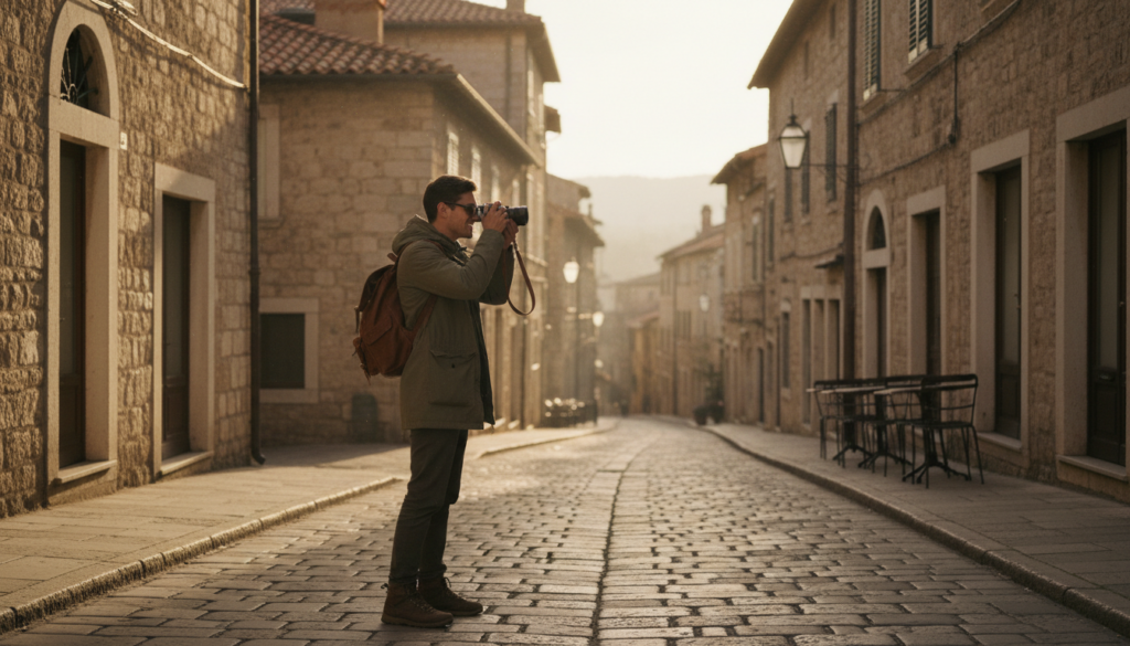 Traveler taking photos on a cobblestone street applying travel photography tips