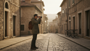 Traveler taking photos on a cobblestone street applying travel photography tips