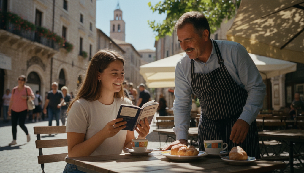 A traveler practicing essential travel phrases with a local waiter at a sunny cafe