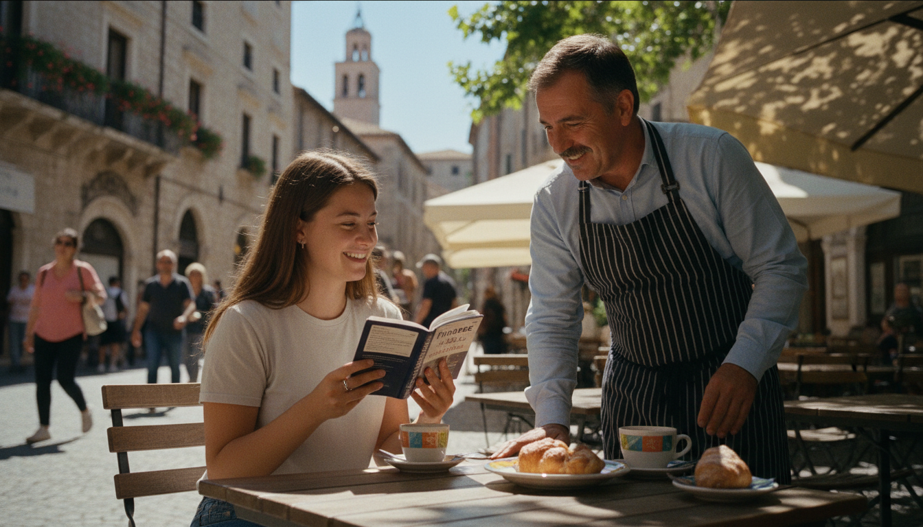 A traveler practicing essential travel phrases with a local waiter at a sunny cafe