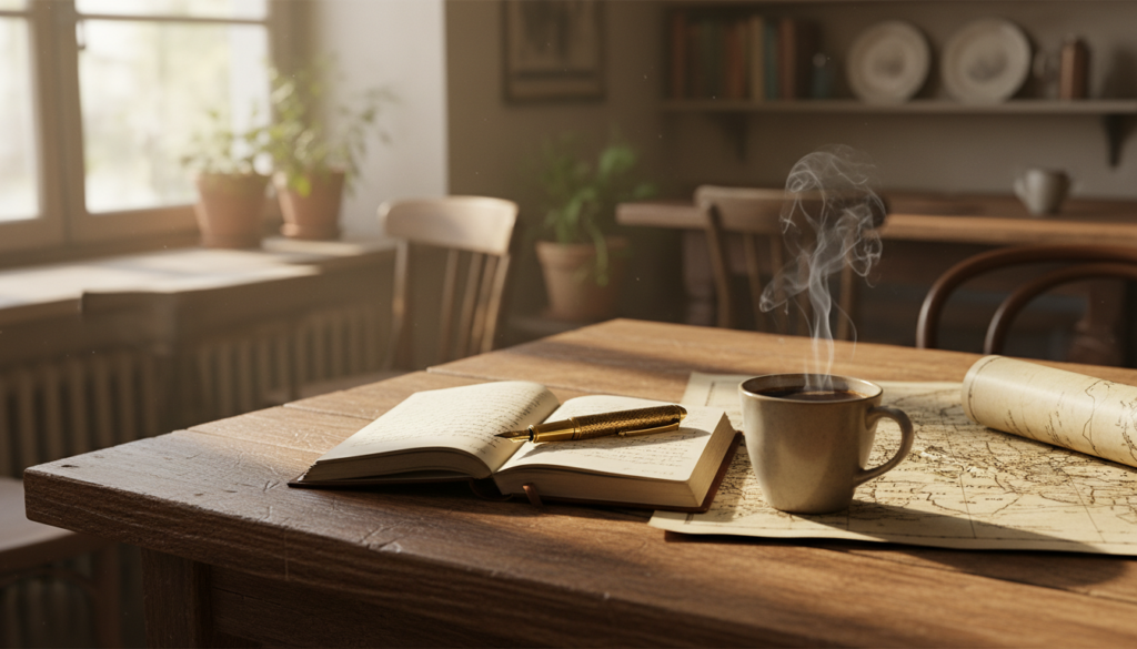 A leather-bound travel journal open on a cafe table next to coffee and a vintage map