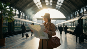 Traveler using the best travel hacks at a European train station to navigate efficiently