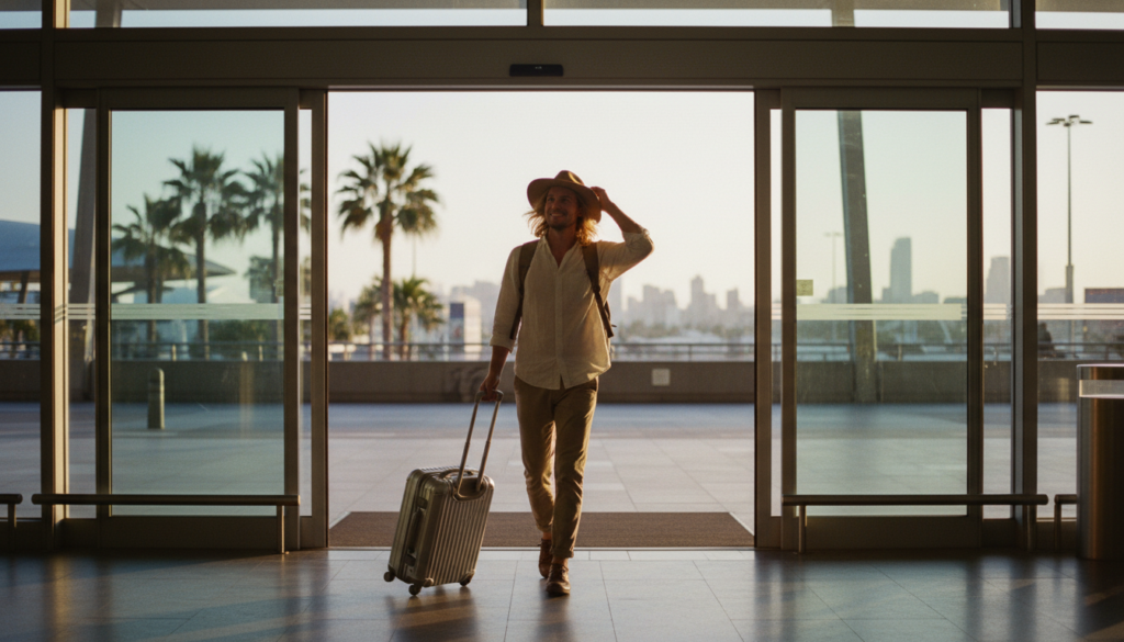 A refreshed traveler successfully demonstrating how to beat jet lag outside an airport terminal.