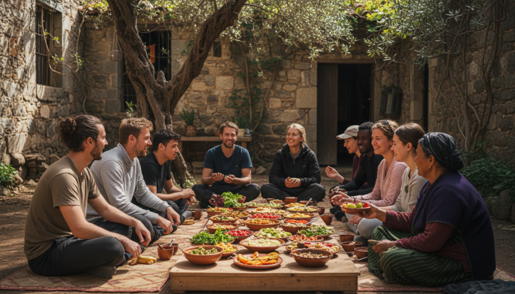 Diverse travelers gracefully sharing a traditional local meal and practicing international travel etiquette.