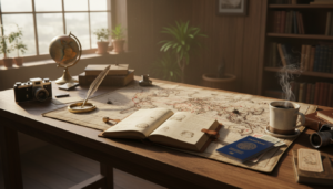 multi-city trip planning desk setup with maps and passport