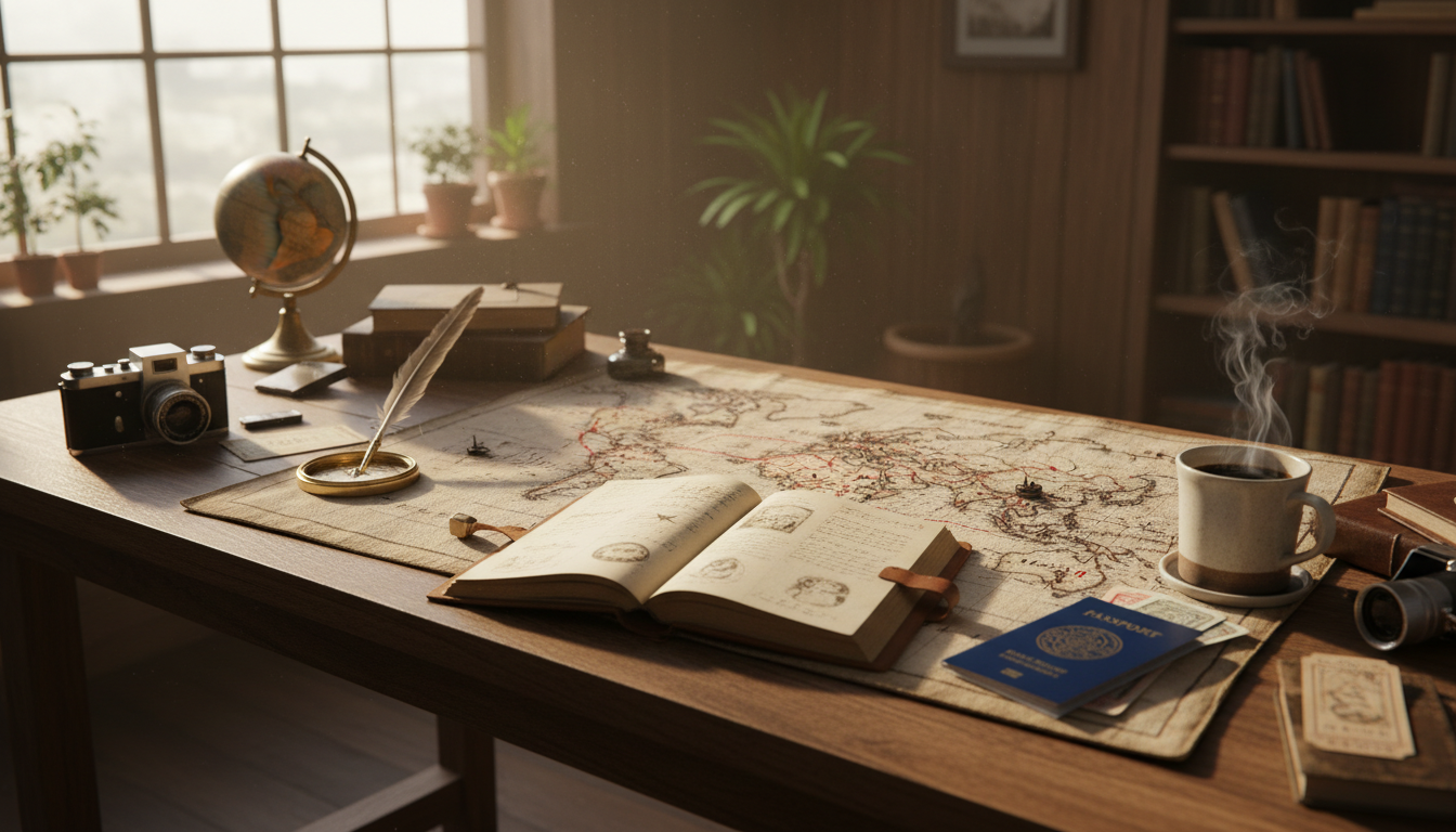multi-city trip planning desk setup with maps and passport