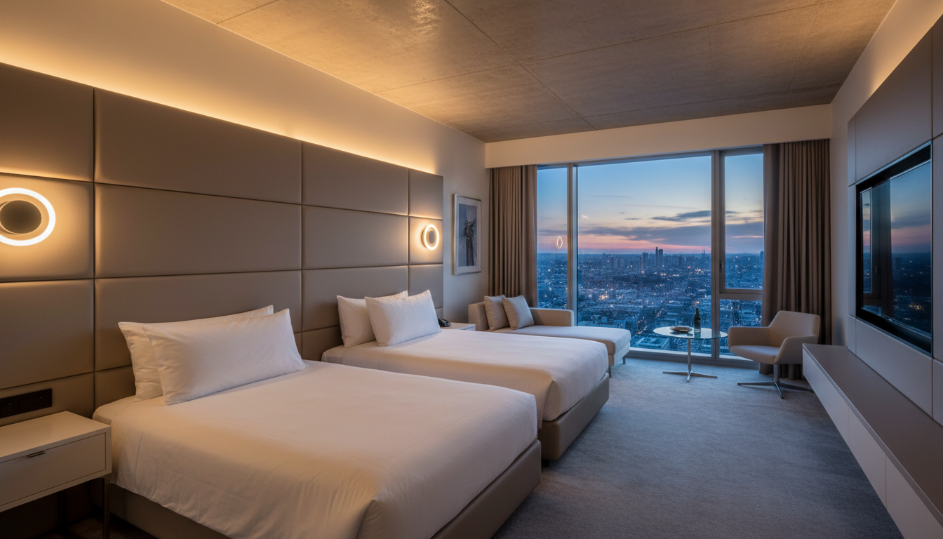 Luxurious hotel room with two beds highlighting standard hotel room occupancy limits.