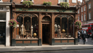 Exterior of one of the unique shops in London with vintage window displays on a cobblestone street