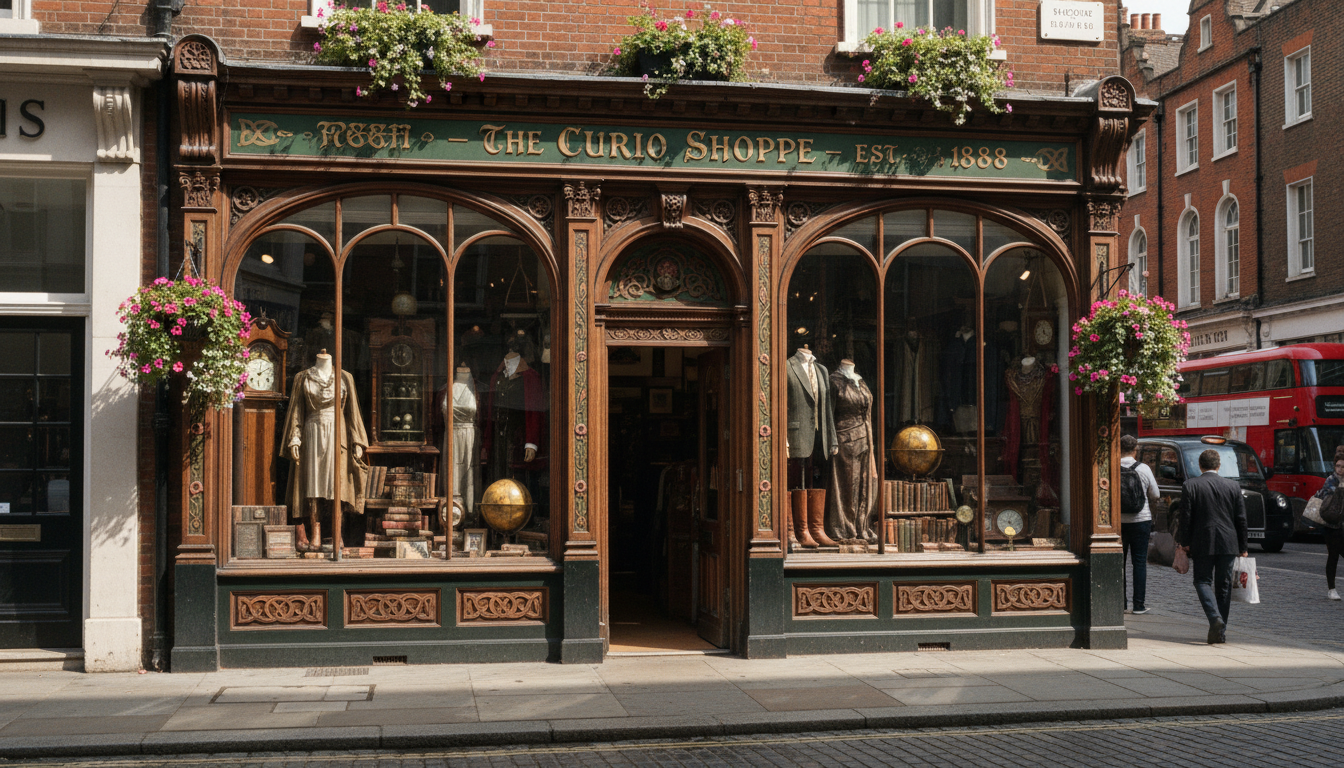 Exterior of one of the unique shops in London with vintage window displays on a cobblestone street