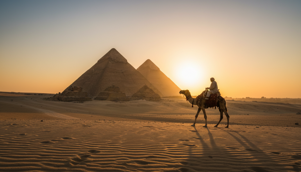 Golden sunrise over the Great Pyramids of Giza during a vacation in Egypt