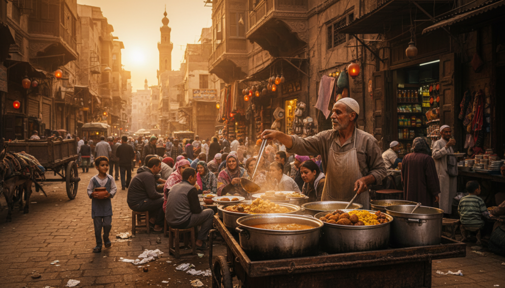A vibrant street food market in Cairo serving traditional Egyptian food to locals.