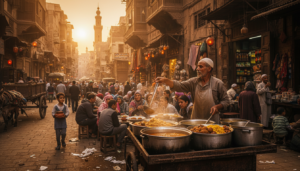 A vibrant street food market in Cairo serving traditional Egyptian food to locals.