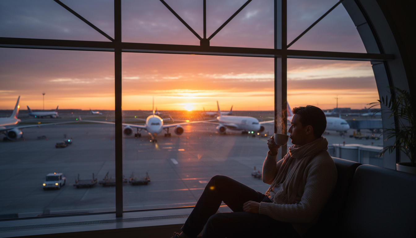 Traveler looking at airplanes out of an airport window pondering things to do at the airport